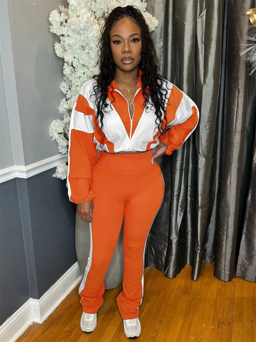Two Piece Outfits Color Block Long Sleeve Zipper Jacket and Jogger Pants Tracksuit Streetwear
