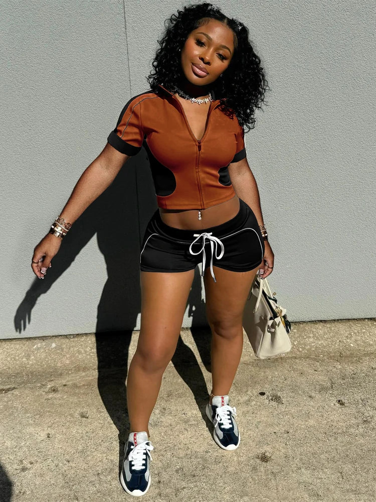 Panelled Two Tone Slim Sports Short Sleeve Shorts Suits Zip Crop Tops Casual 2 Two Piece Set