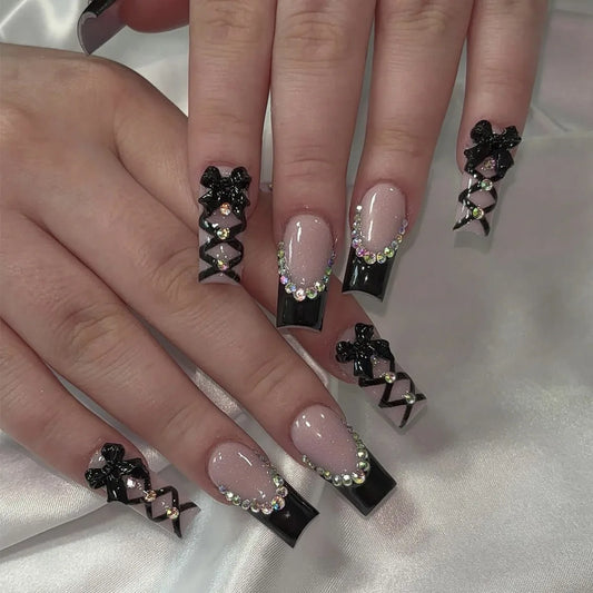 24pcs Long Ballet Press On Nails With 3D Bow Decor