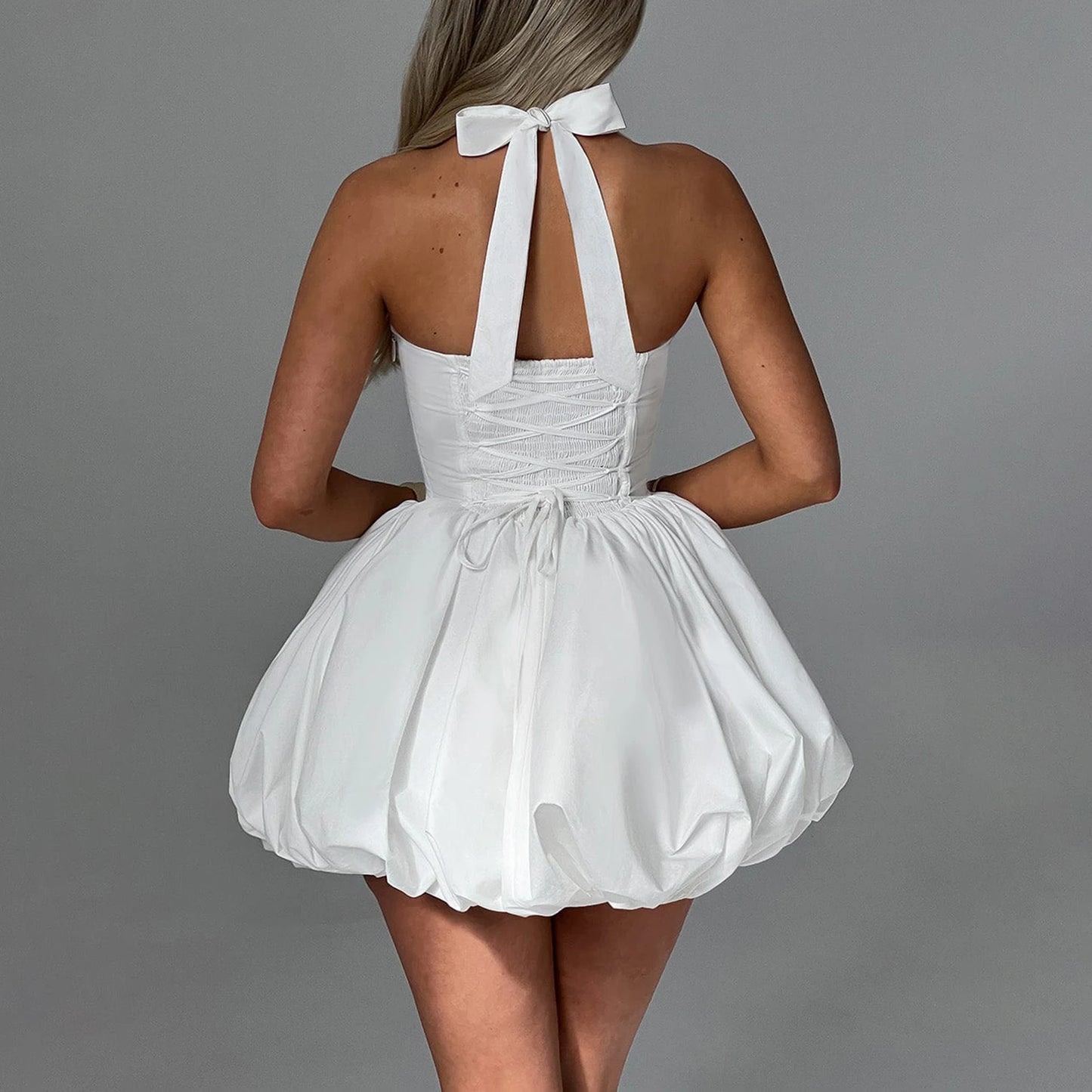 Women Bubble Halter Mini Dress Elegant  Tie up Backless Corset