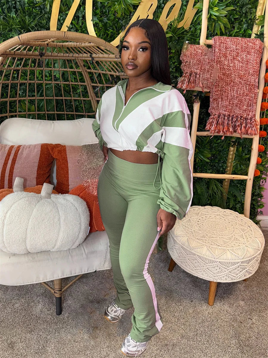 Two Piece Outfits Color Block Long Sleeve Zipper Jacket and Jogger Pants Tracksuit Streetwear