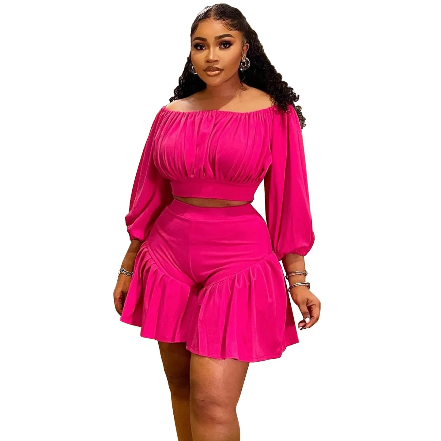 Plus Size Long Sleeve Slash Neck T-Shirt and Shorts Ruched 2 Piece Set