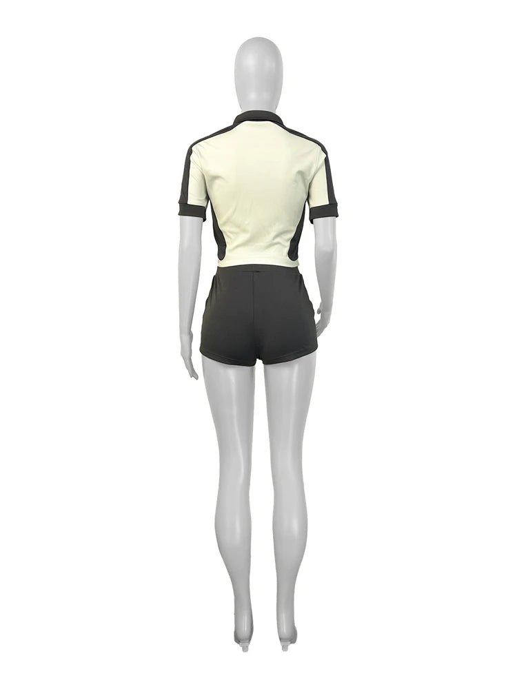 Panelled Two Tone Slim Sports Short Sleeve Shorts Suits Zip Crop Tops Casual 2 Two Piece Set