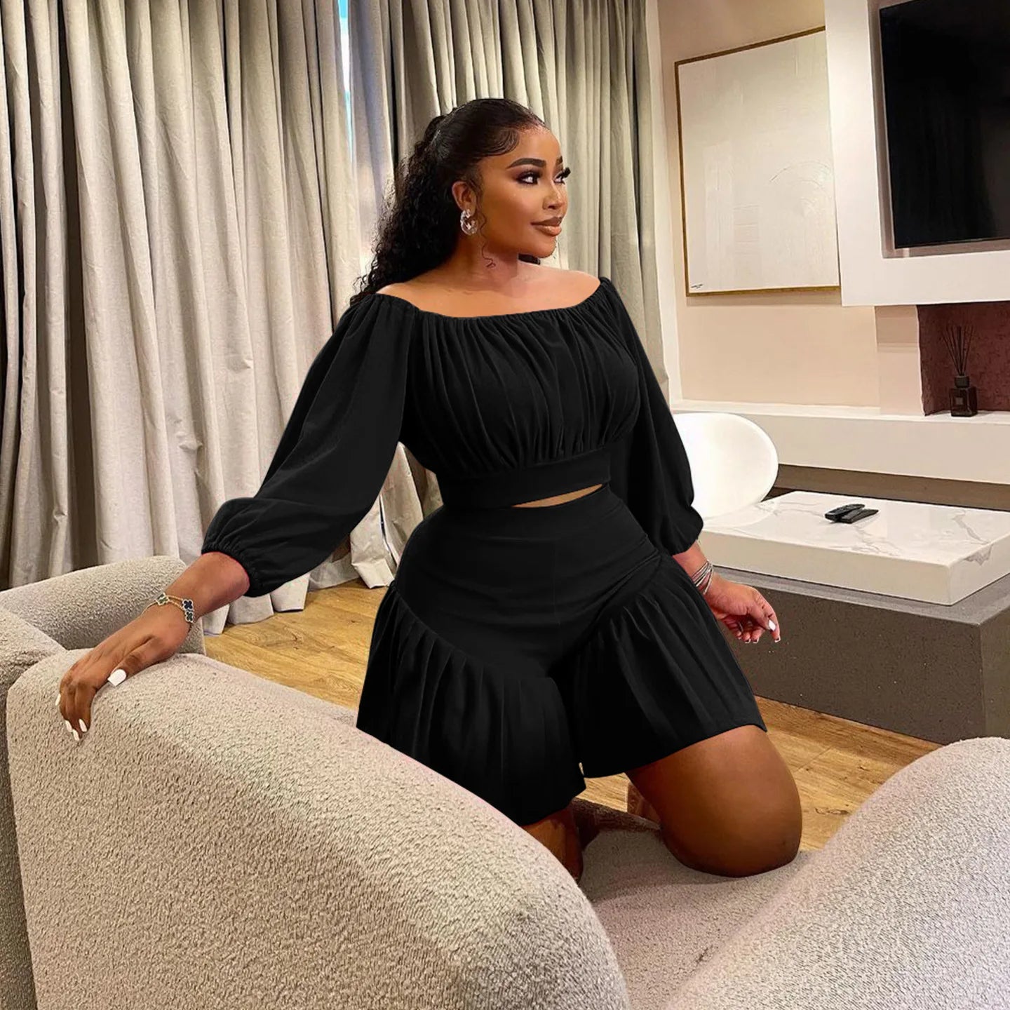 Plus Size Long Sleeve Slash Neck T-Shirt and Shorts Ruched 2 Piece Set