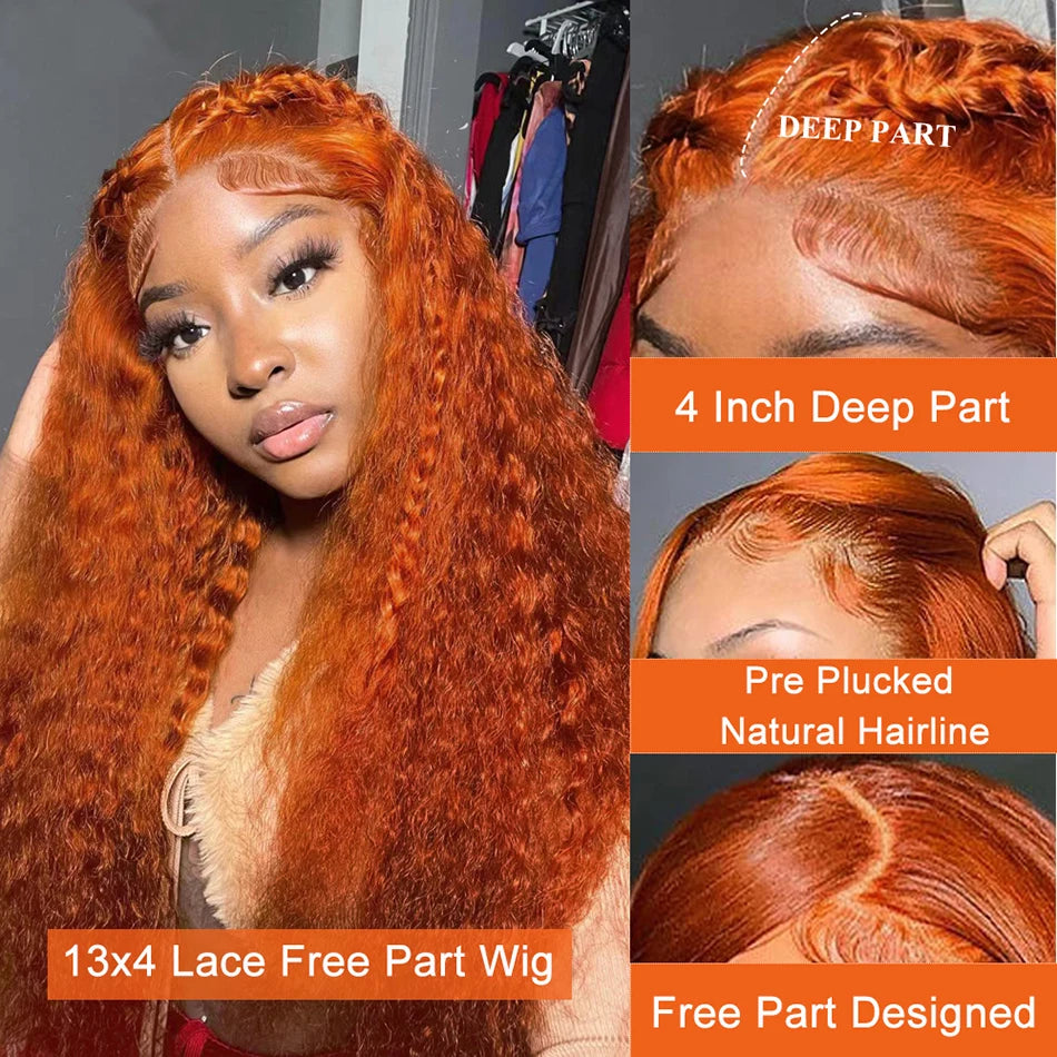 Orange Ginger Curly Lace Front Human Hair Wig Deep Wave 13X4 13X6 Hd Lace