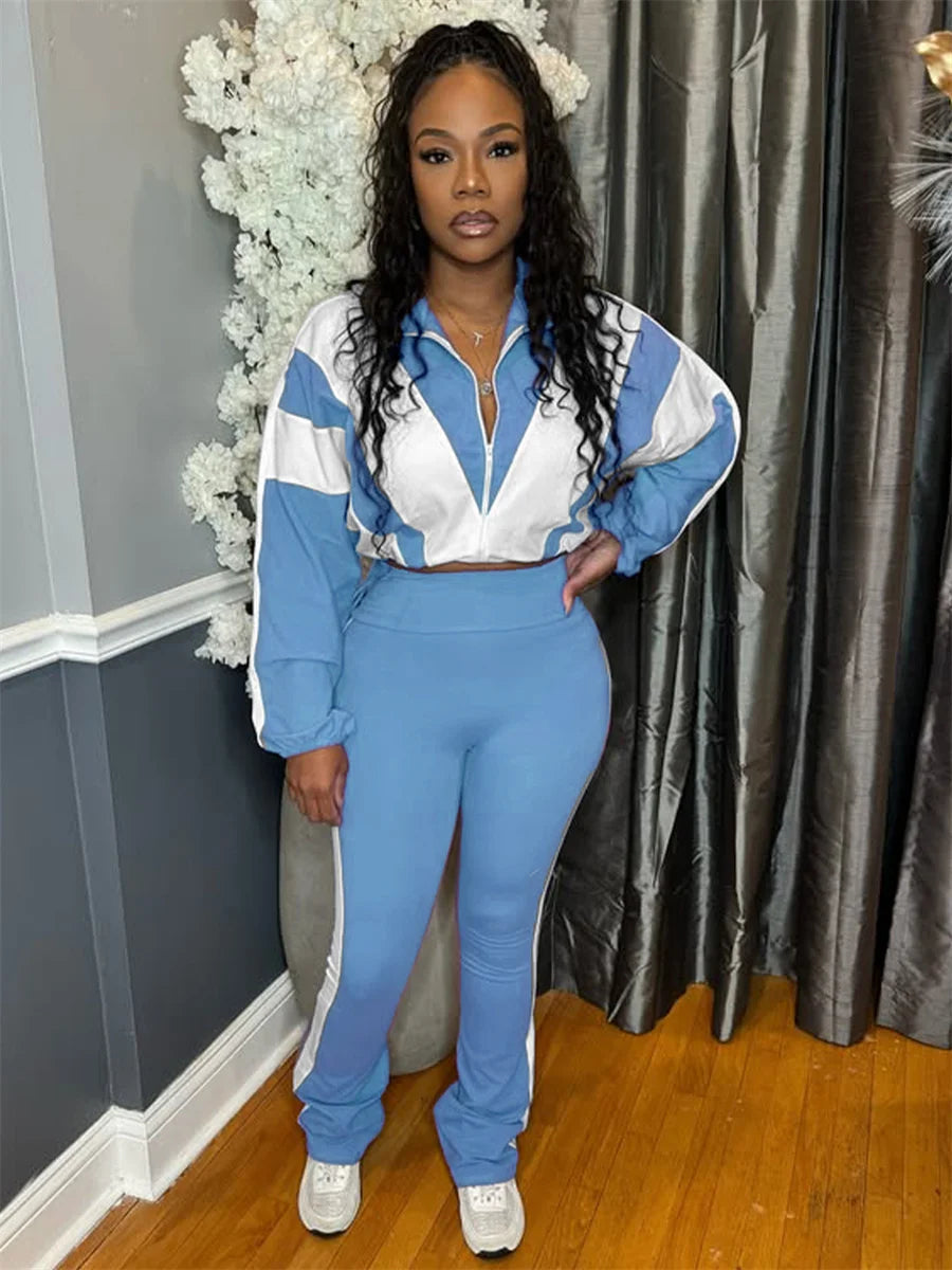 Two Piece Outfits Color Block Long Sleeve Zipper Jacket and Jogger Pants Tracksuit Streetwear