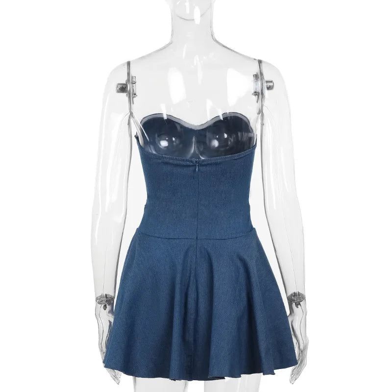 Blue Denim Dress Strapless Pleated Mini Dresses