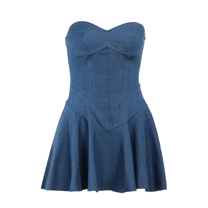Blue Denim Dress Strapless Pleated Mini Dresses