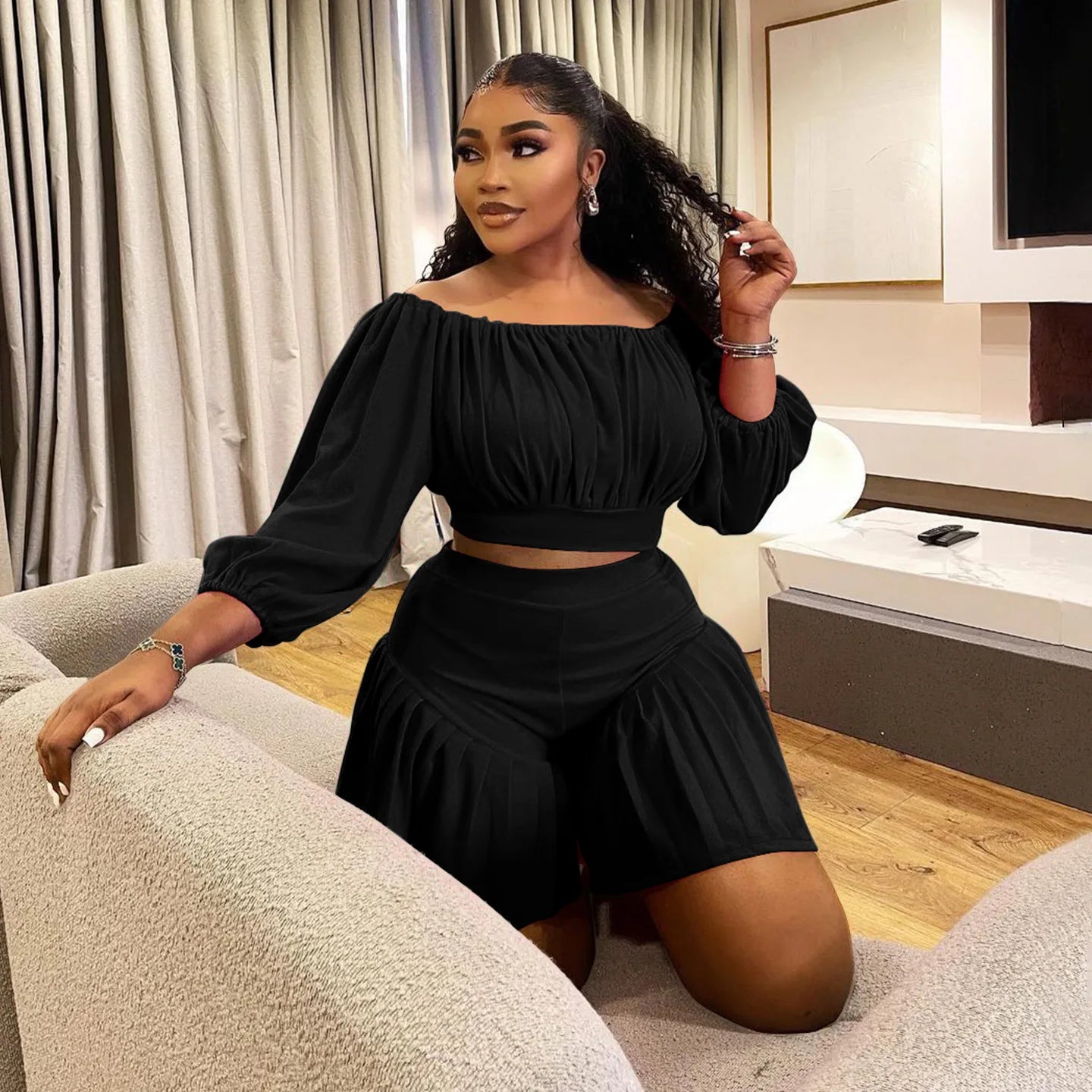 Plus Size Long Sleeve Slash Neck T-Shirt and Shorts Ruched 2 Piece Set