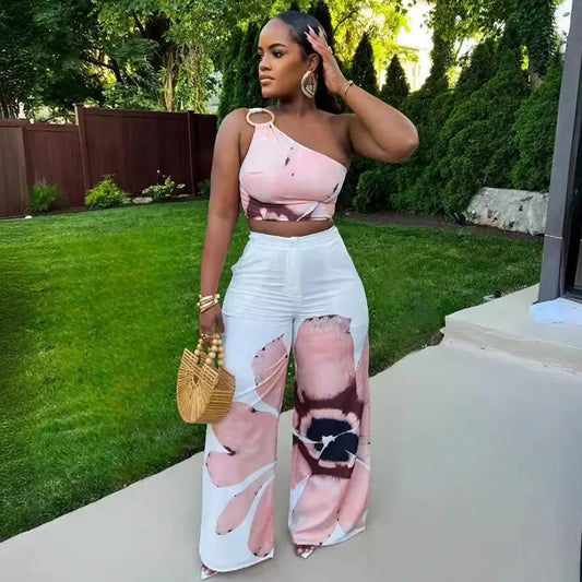 Floral Print Two Piece Set One Shoulder Crop Top and Loose Wide Leg Pants