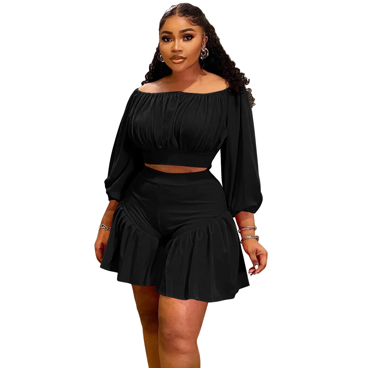 Plus Size Long Sleeve Slash Neck T-Shirt and Shorts Ruched 2 Piece Set