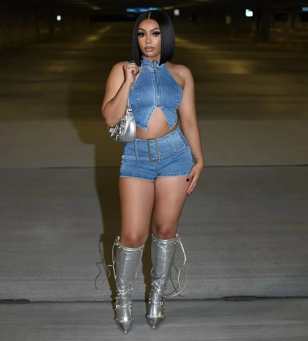 Y2K Sexy Denim 2 Piece Sets, Sleeveless Backless Halter Crop Top and Shorts Suit streetwear