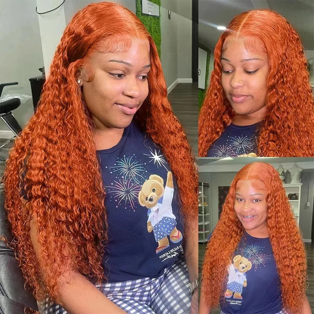Orange Ginger Curly Lace Front Human Hair Wig Deep Wave 13X4 13X6 Hd Lace