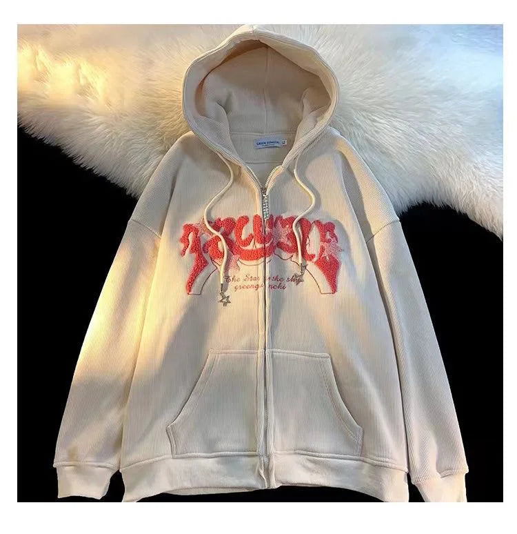 Embroidery Zip Up Hoodies Women Long Sleeve Tops Loose Hood Shirt Harajuku Y2K