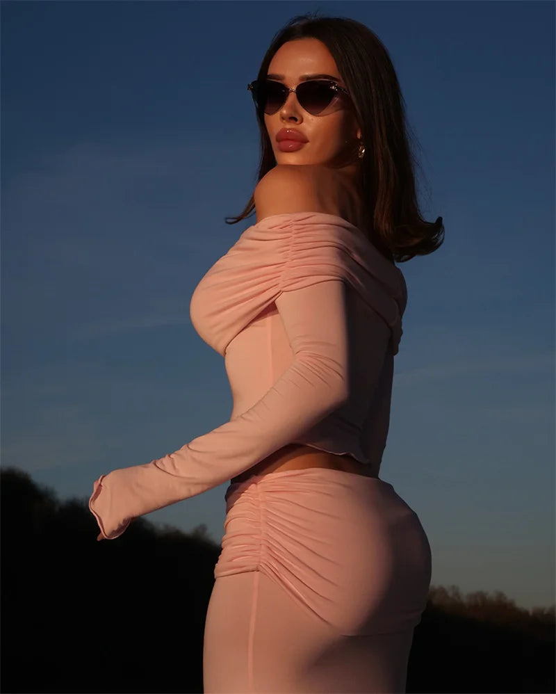 Two Pieces Sets Women Off-shoulder Long Sleeve T-shirt And Trouser Ruffle Ruched Long Pants Set