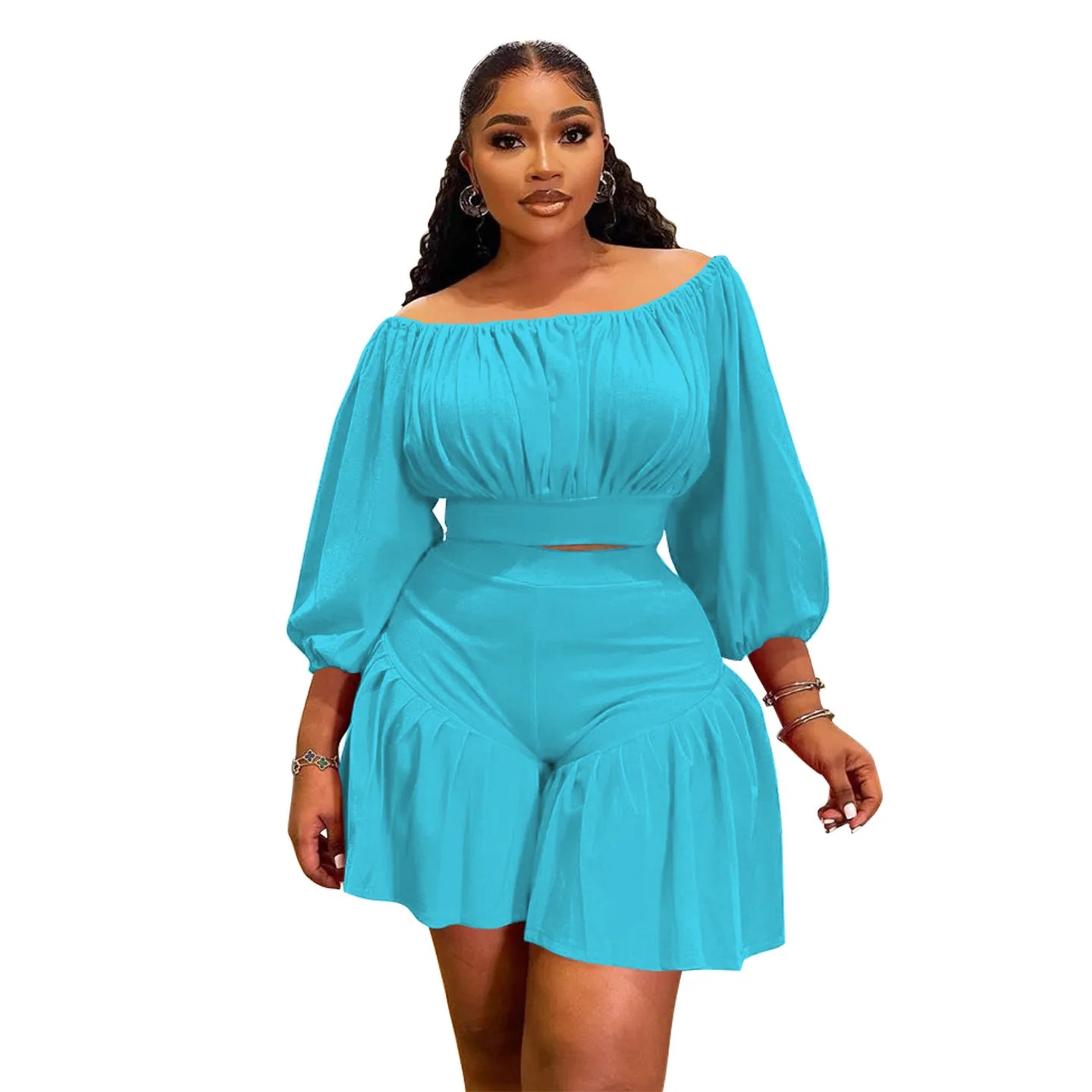 Plus Size Long Sleeve Slash Neck T-Shirt and Shorts Ruched 2 Piece Set