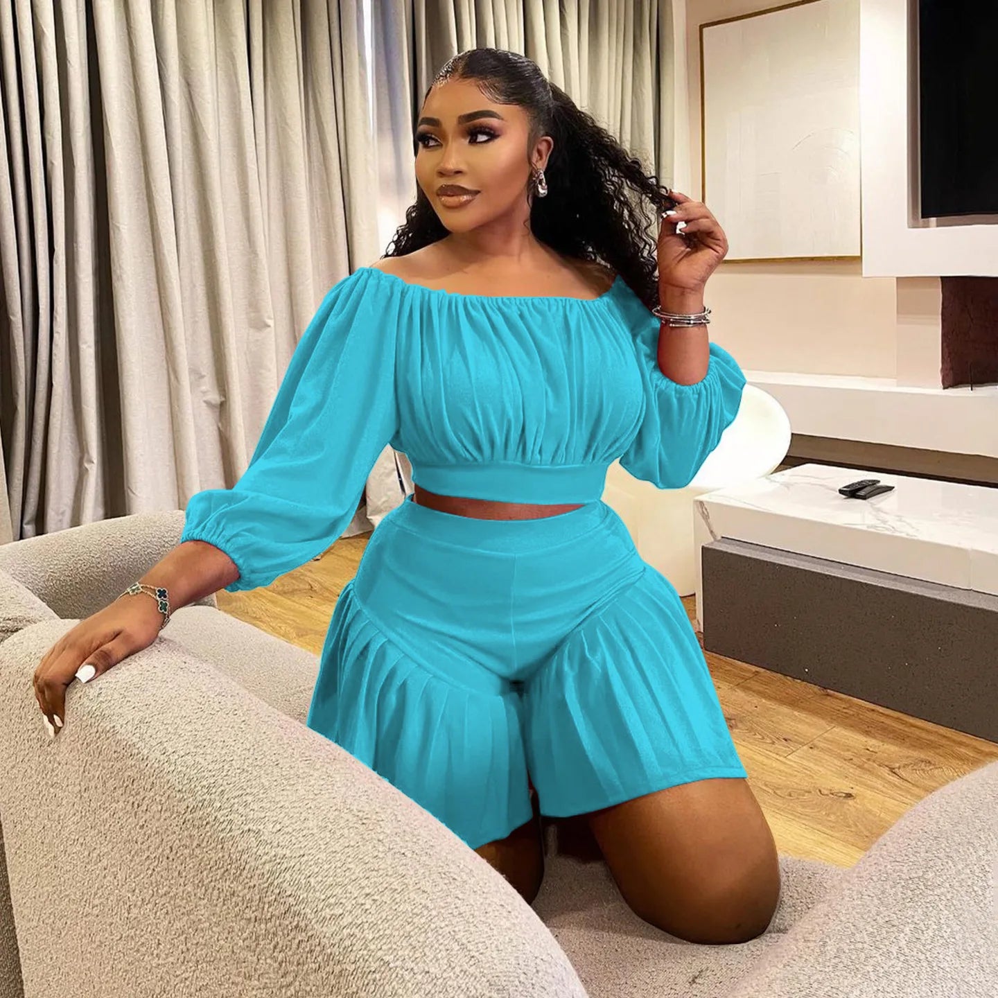 Plus Size Long Sleeve Slash Neck T-Shirt and Shorts Ruched 2 Piece Set