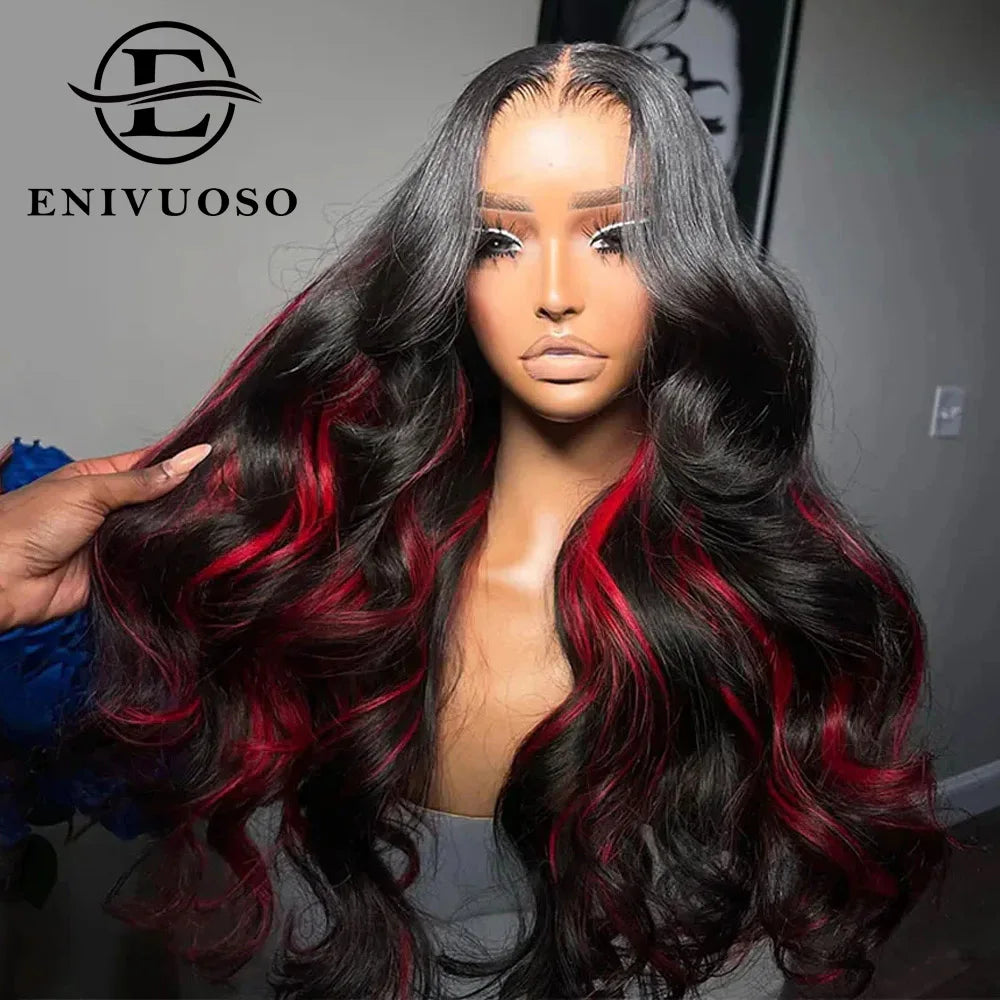 Ombre Burgundy Highlight Synthetic Lace Front Wigs Pre Plucked with Baby Hair Body Wave HD Lace Front Wigs