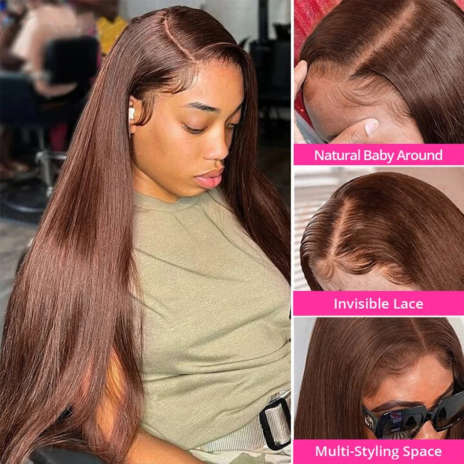 Chocolate Brown Bone Straight Preplucked Hd Lace Wig