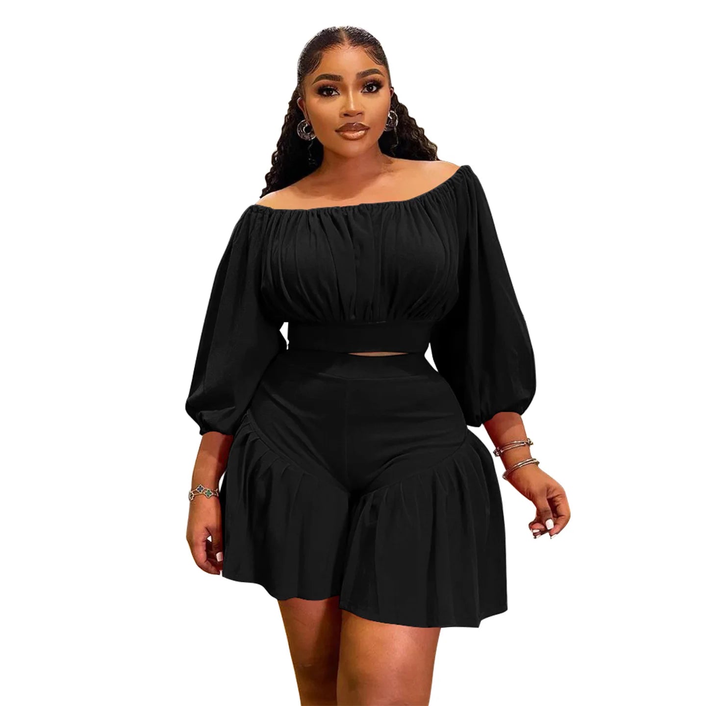 Plus Size Long Sleeve Slash Neck T-Shirt and Shorts Ruched 2 Piece Set