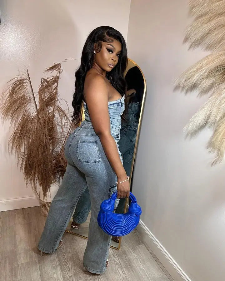 Jeans Cargo Jumpsuit Sexy Strapless Denim Casual Overalls Romper