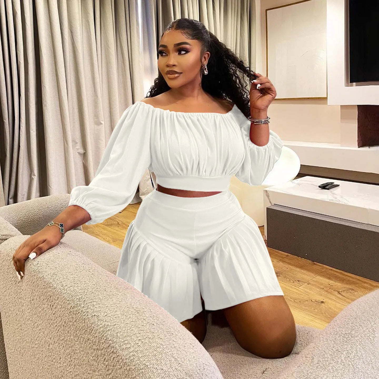 Plus Size Long Sleeve Slash Neck T-Shirt and Shorts Ruched 2 Piece Set