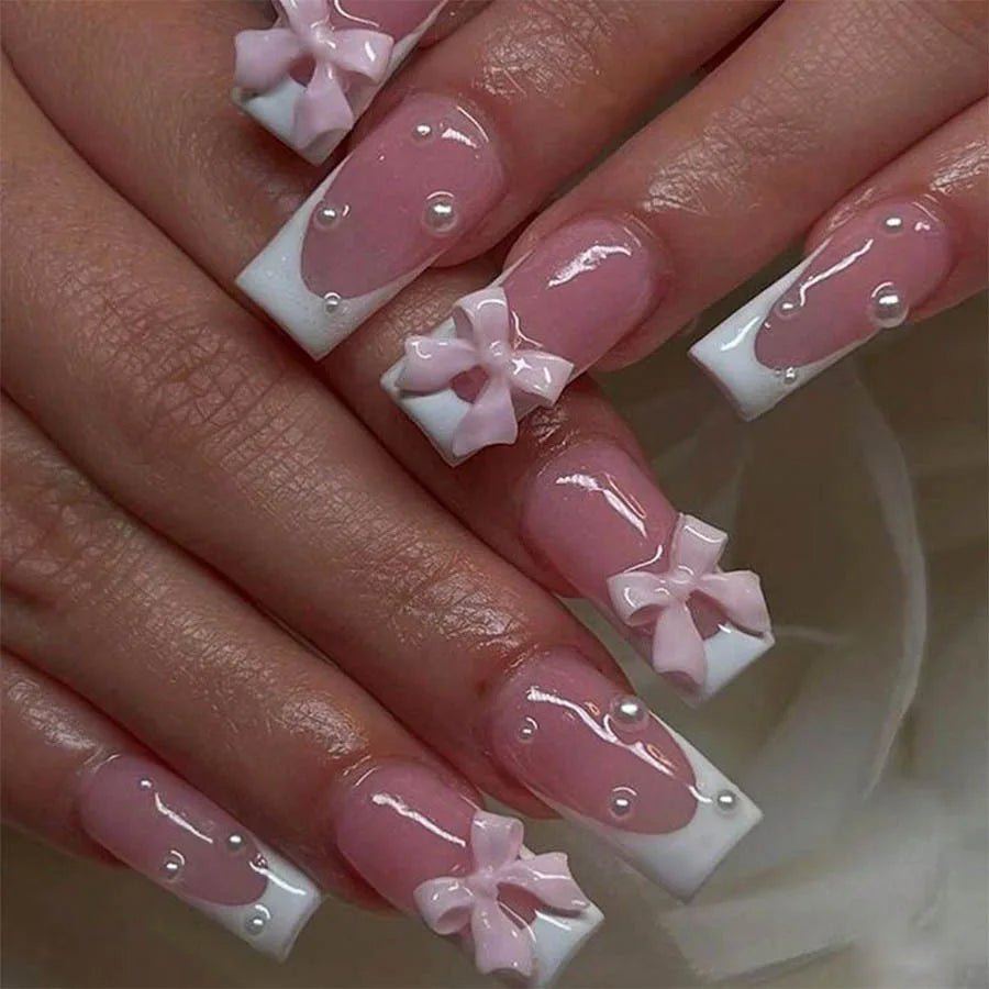 24Pcs Pink French Style Fake Nails 3D Bow  Designs Short Square Press on Nails