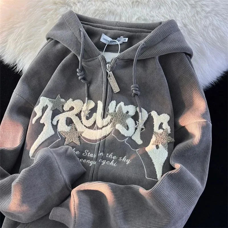 Embroidery Zip Up Hoodies Women Long Sleeve Tops Loose Hood Shirt Harajuku Y2K