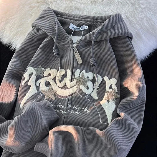 Embroidery Zip Up Hoodies Women Long Sleeve Tops Loose Hood Shirt Harajuku Y2K