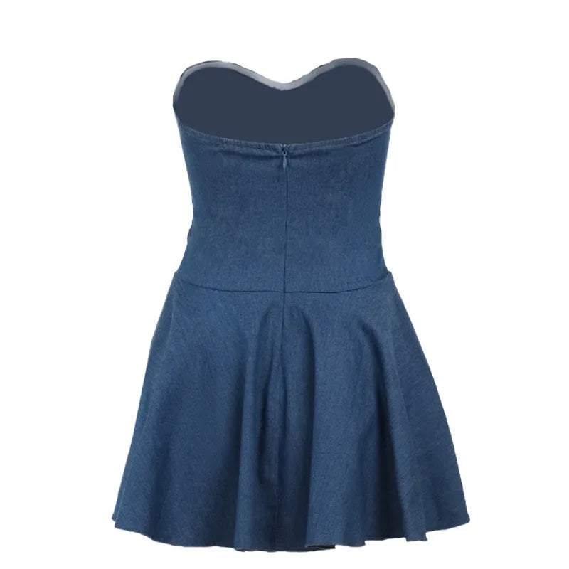 Blue Denim Dress Strapless Pleated Mini Dresses