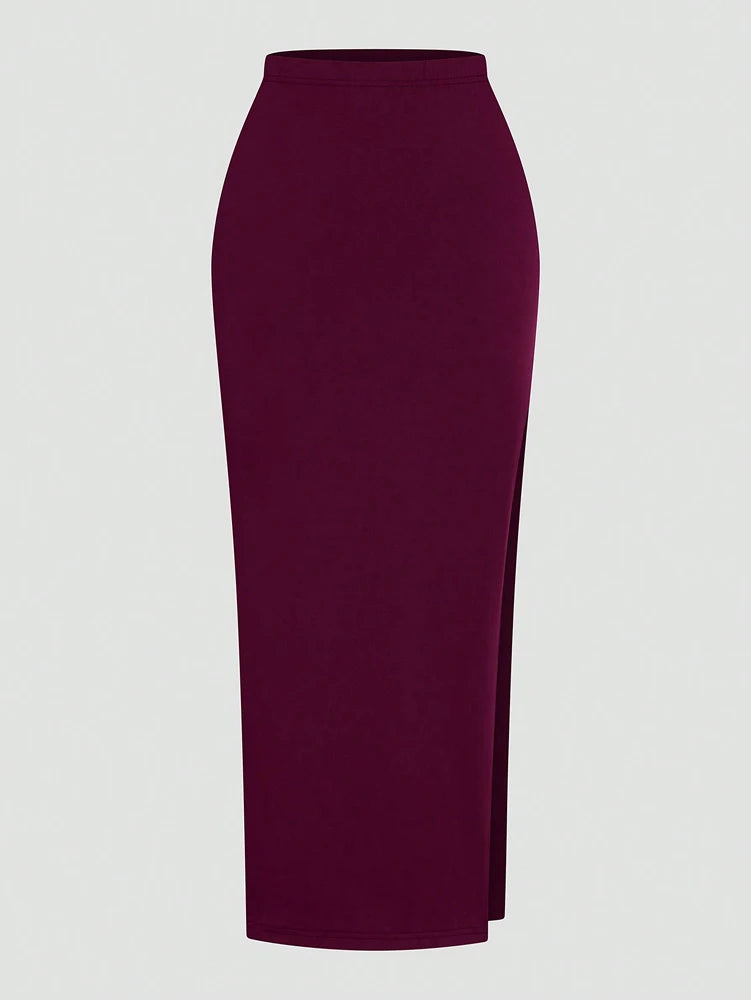 Plus Size Burgundy Sexy Romantic Urban Woman Sleeveless Neck Swing Neck Top + Split Half Skirt Long Skirt Two Piece Set
