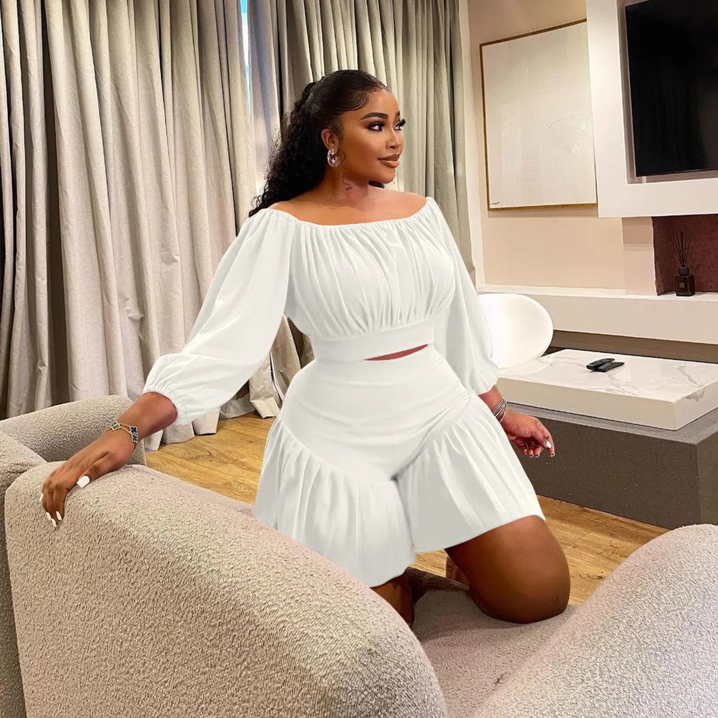 Plus Size Long Sleeve Slash Neck T-Shirt and Shorts Ruched 2 Piece Set