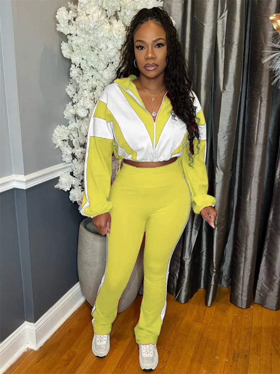 Two Piece Outfits Color Block Long Sleeve Zipper Jacket and Jogger Pants Tracksuit Streetwear