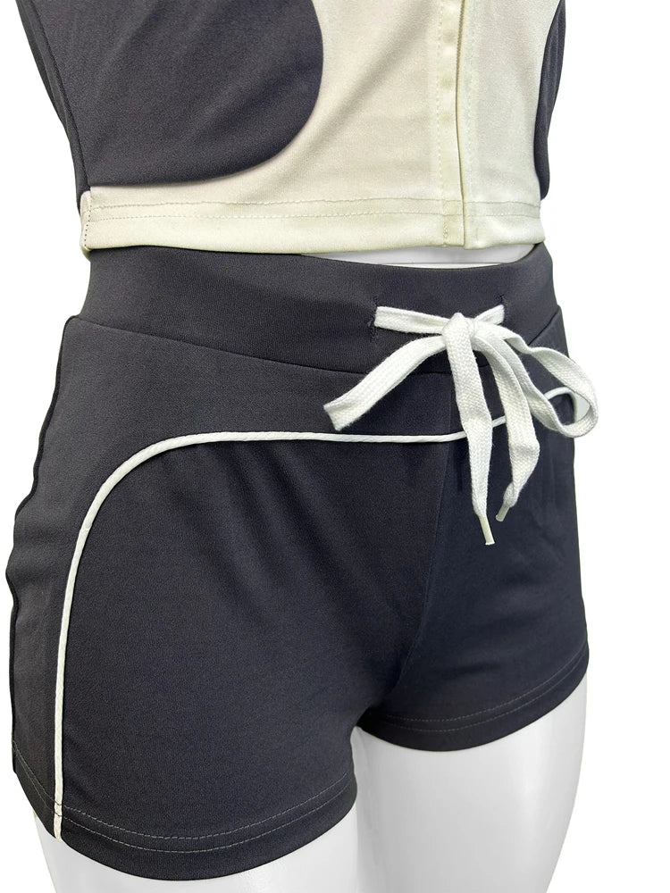 Panelled Two Tone Slim Sports Short Sleeve Shorts Suits Zip Crop Tops Casual 2 Two Piece Set