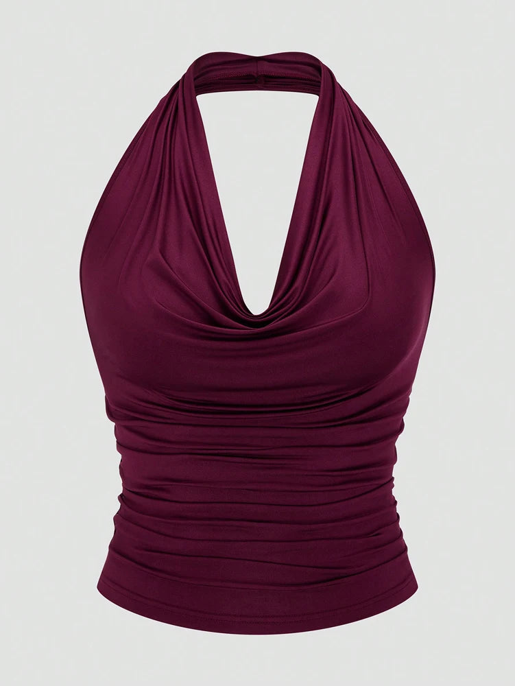 Plus Size Burgundy Sexy Romantic Urban Woman Sleeveless Neck Swing Neck Top + Split Half Skirt Long Skirt Two Piece Set