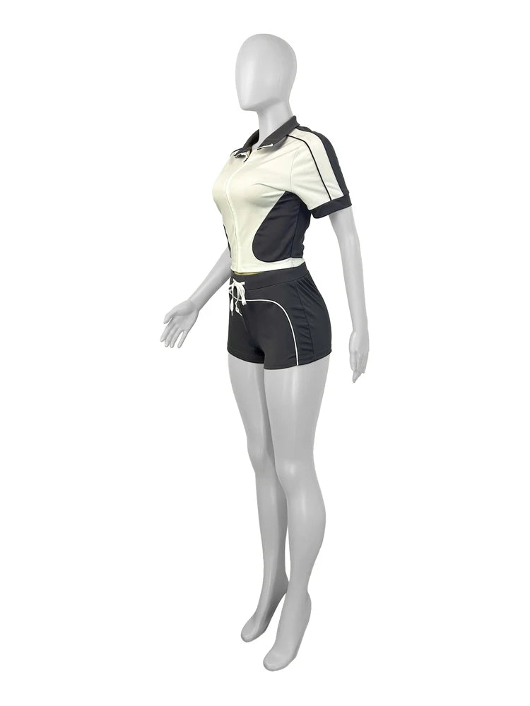 Panelled Two Tone Slim Sports Short Sleeve Shorts Suits Zip Crop Tops Casual 2 Two Piece Set