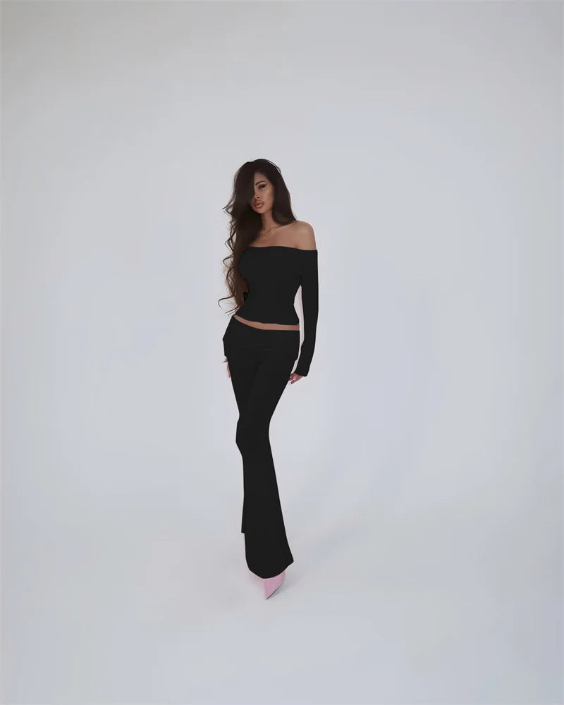 Two Pieces Sets Women Off-shoulder Long Sleeve T-shirt And Trouser Ruffle Ruched Long Pants Set