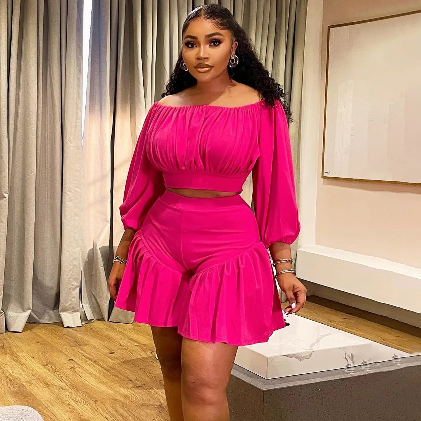 Plus Size Long Sleeve Slash Neck T-Shirt and Shorts Ruched 2 Piece Set