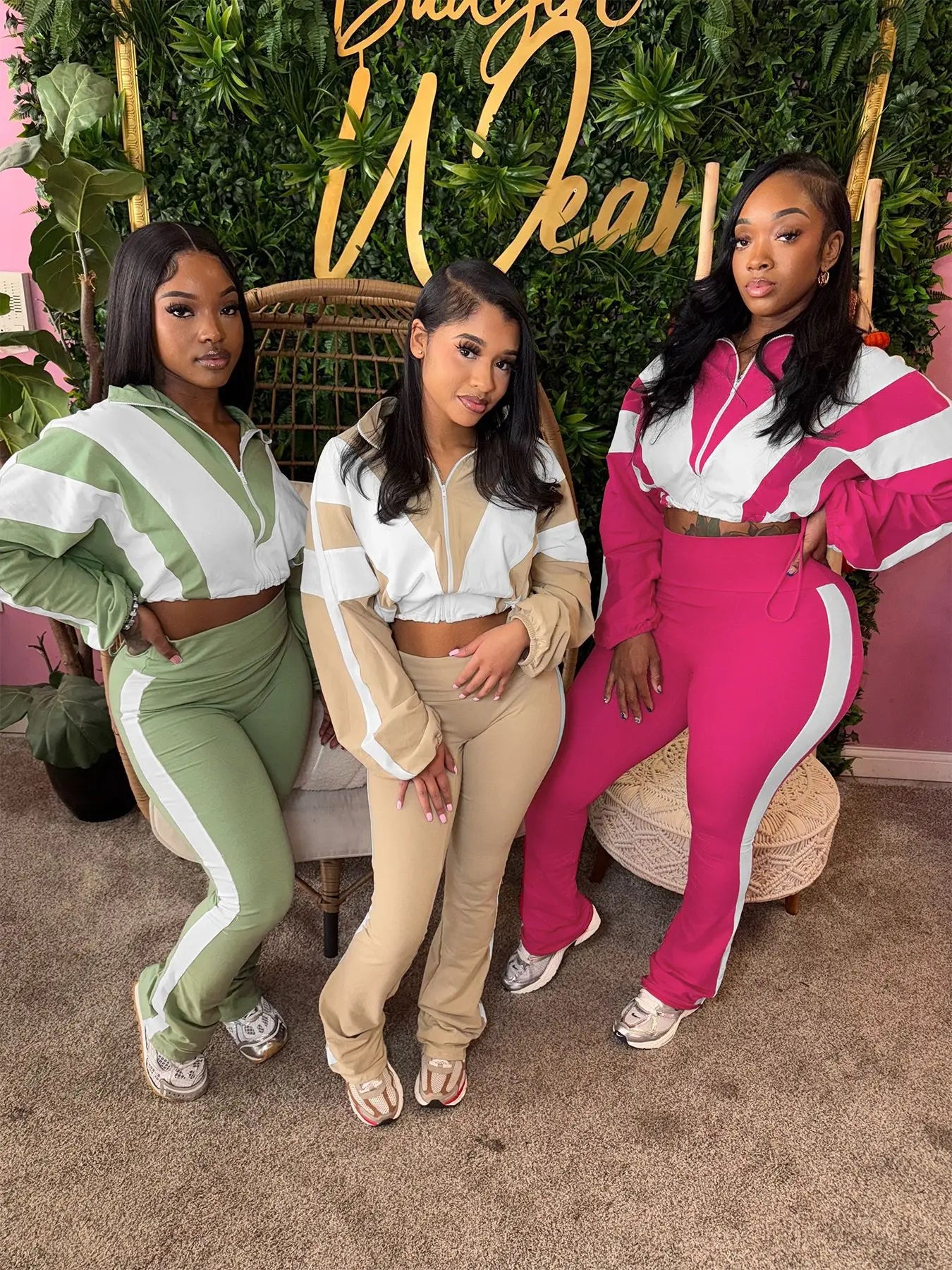 Two Piece Outfits Color Block Long Sleeve Zipper Jacket and Jogger Pants Tracksuit Streetwear