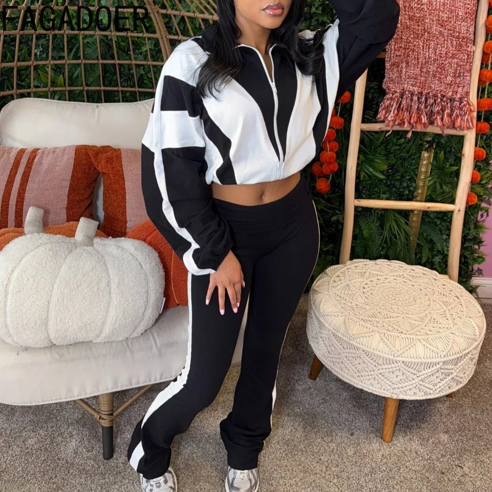 Two Piece Outfits Color Block Long Sleeve Zipper Jacket and Jogger Pants Tracksuit Streetwear