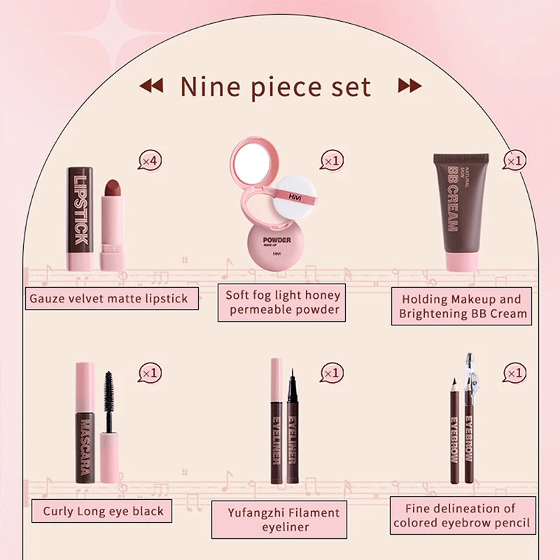 9-piece Lipstick Powder Mascara Eyebrow Pencil Set