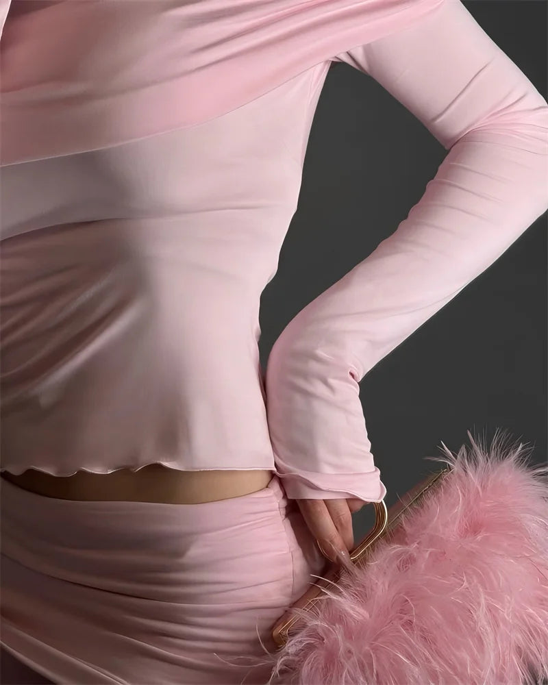 Two Pieces Sets Women Off-shoulder Long Sleeve T-shirt And Trouser Ruffle Ruched Long Pants Set