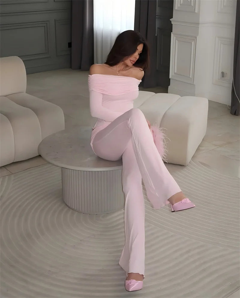 Two Pieces Sets Women Off-shoulder Long Sleeve T-shirt And Trouser Ruffle Ruched Long Pants Set