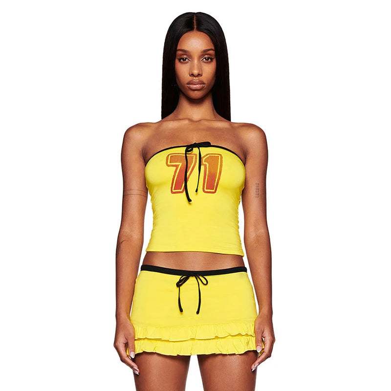 Letter Print 2 Piece Sets  Strapless Skinny Tops+Low Waist Ruffles Tierred Mini Skirts Matching Outfit