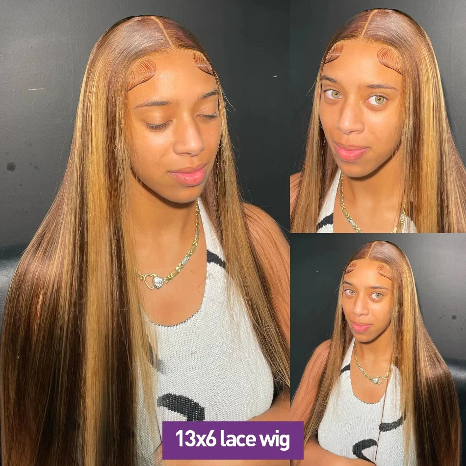 Highlight Human Hair Bone Straight Blond Ombre HD Lace Wig Brazilian Wig