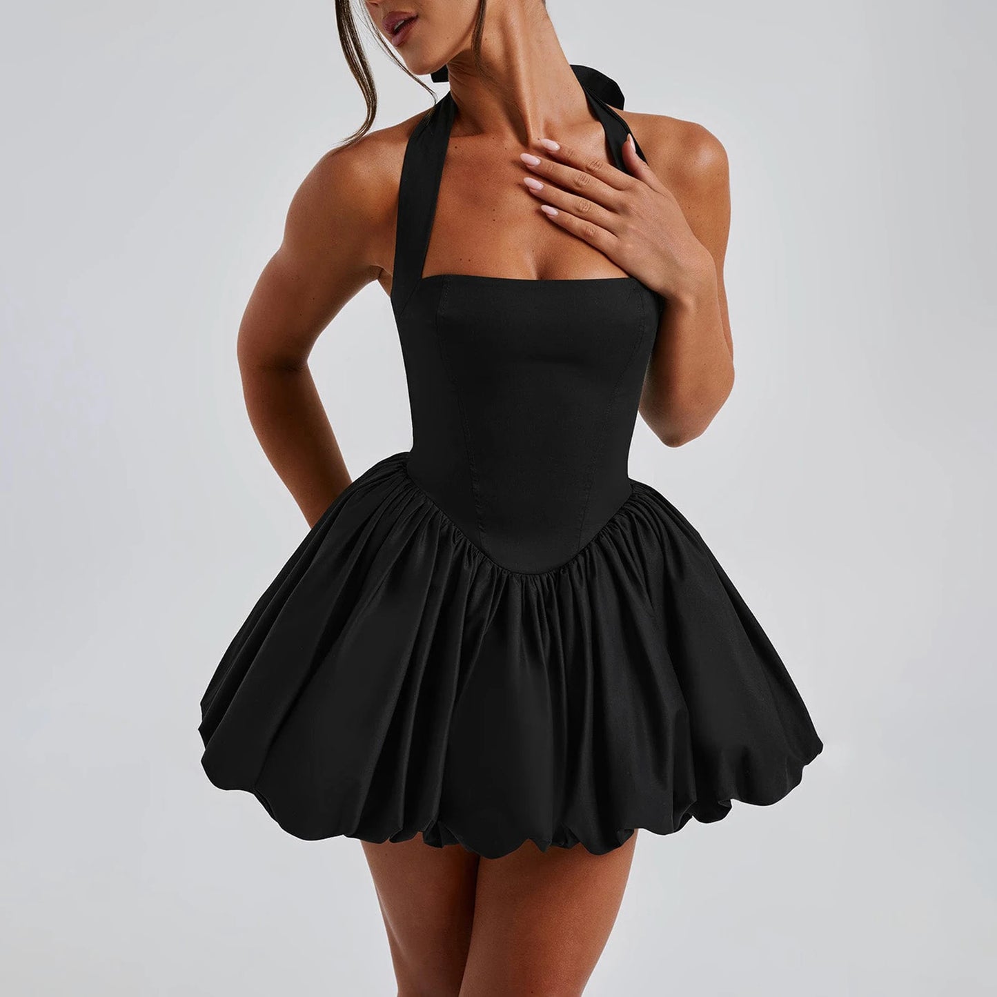Women Bubble Halter Mini Dress Elegant  Tie up Backless Corset