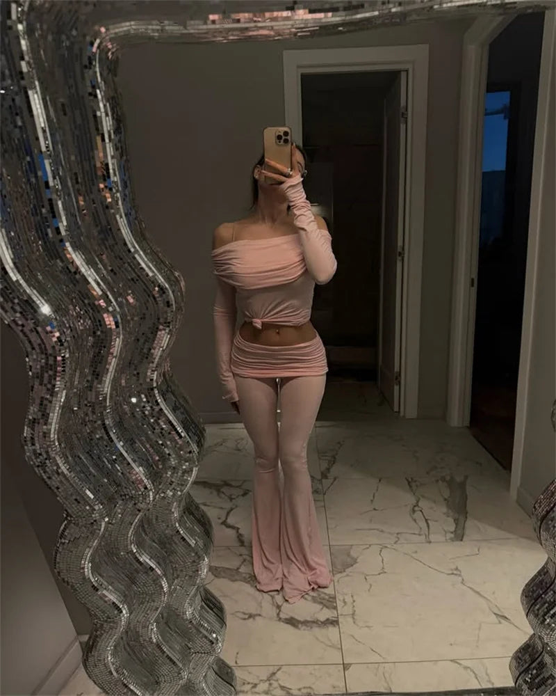 Two Pieces Sets Women Off-shoulder Long Sleeve T-shirt And Trouser Ruffle Ruched Long Pants Set