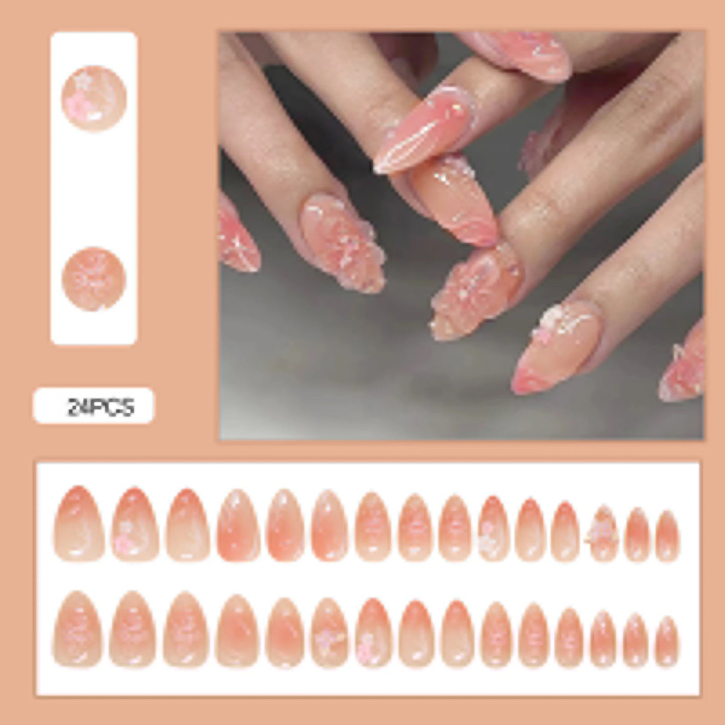 24pcs White Flower Fake Nail Yellow Pink Blush Almond Shaped Press on Nails