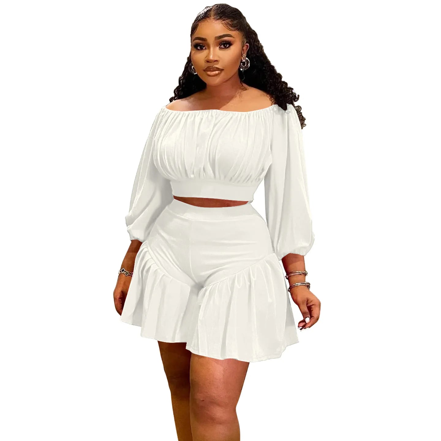 Plus Size Long Sleeve Slash Neck T-Shirt and Shorts Ruched 2 Piece Set
