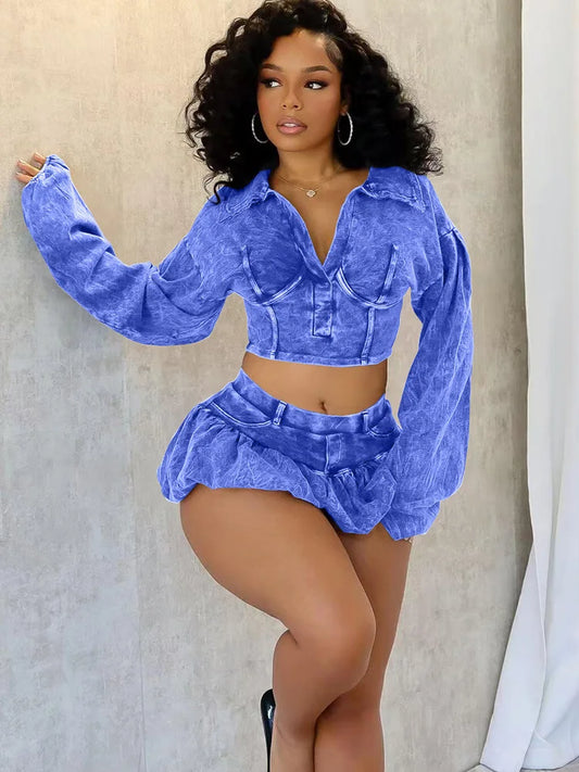 Washed Top & Bubble Skort Set 2 Piece Outfits Ribbed Set